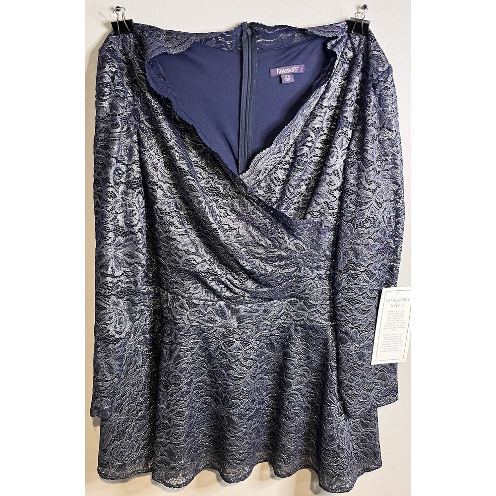 NWT - Roaman Roman's Women Peplum Lace Lined Navy Metallic Top Plus Size 22W